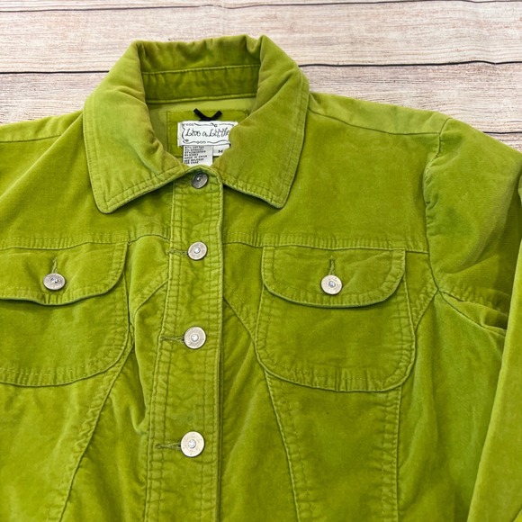 Live a Little Lime Green Velvet Trucker Jacket Womens Medium Button Front Boho - Picture 3 of 8